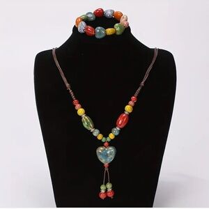 Bohemian Red and Blue Necklace with Heart Pendant